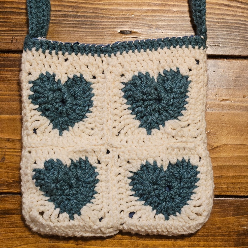 Handmade Crochet Heart Crossbody Purse Lined Teal & Cream Small‎ Boho Hippie